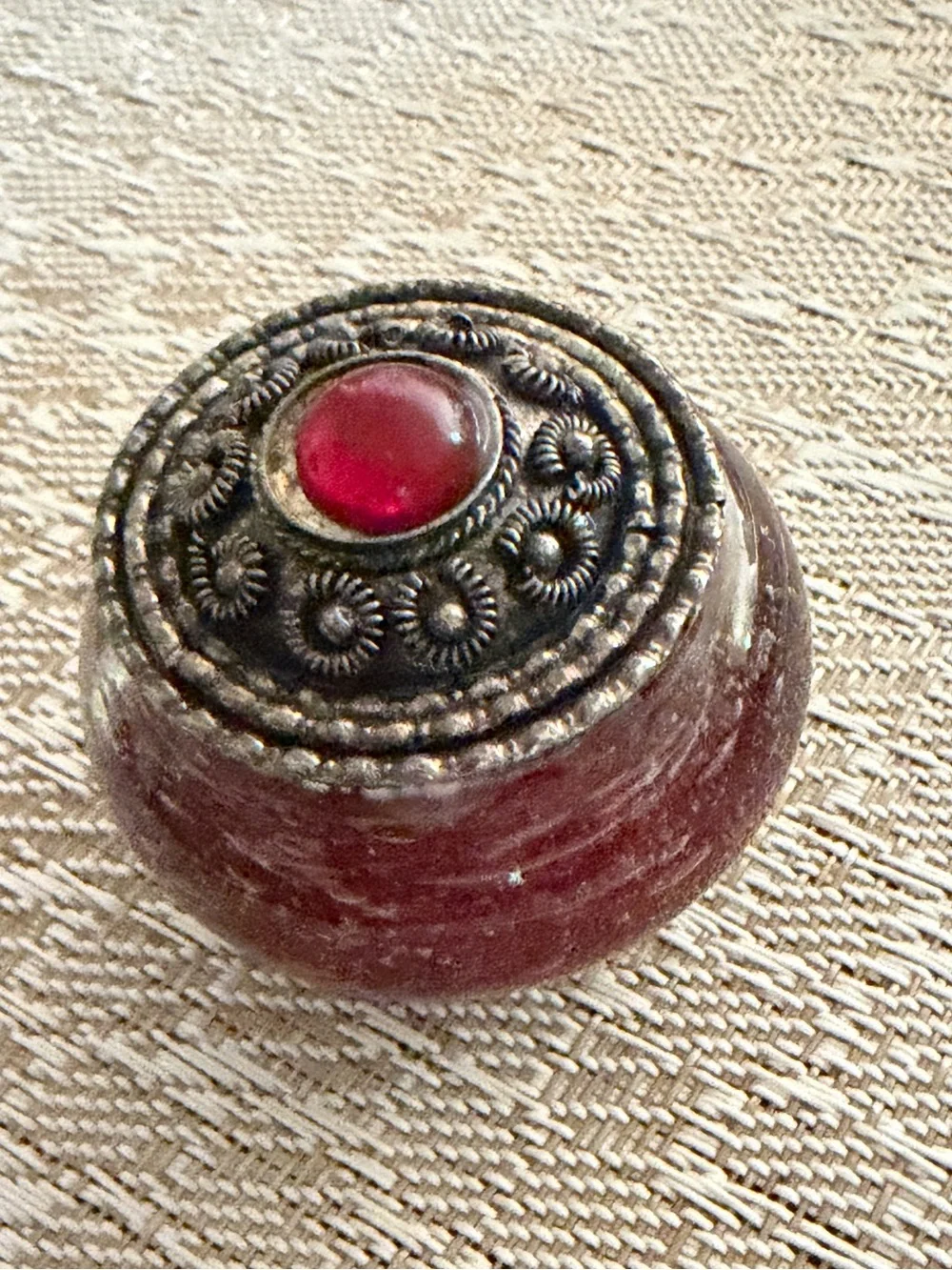 Antique  snuff or pill box snuff jar Red glass silver ornate metal